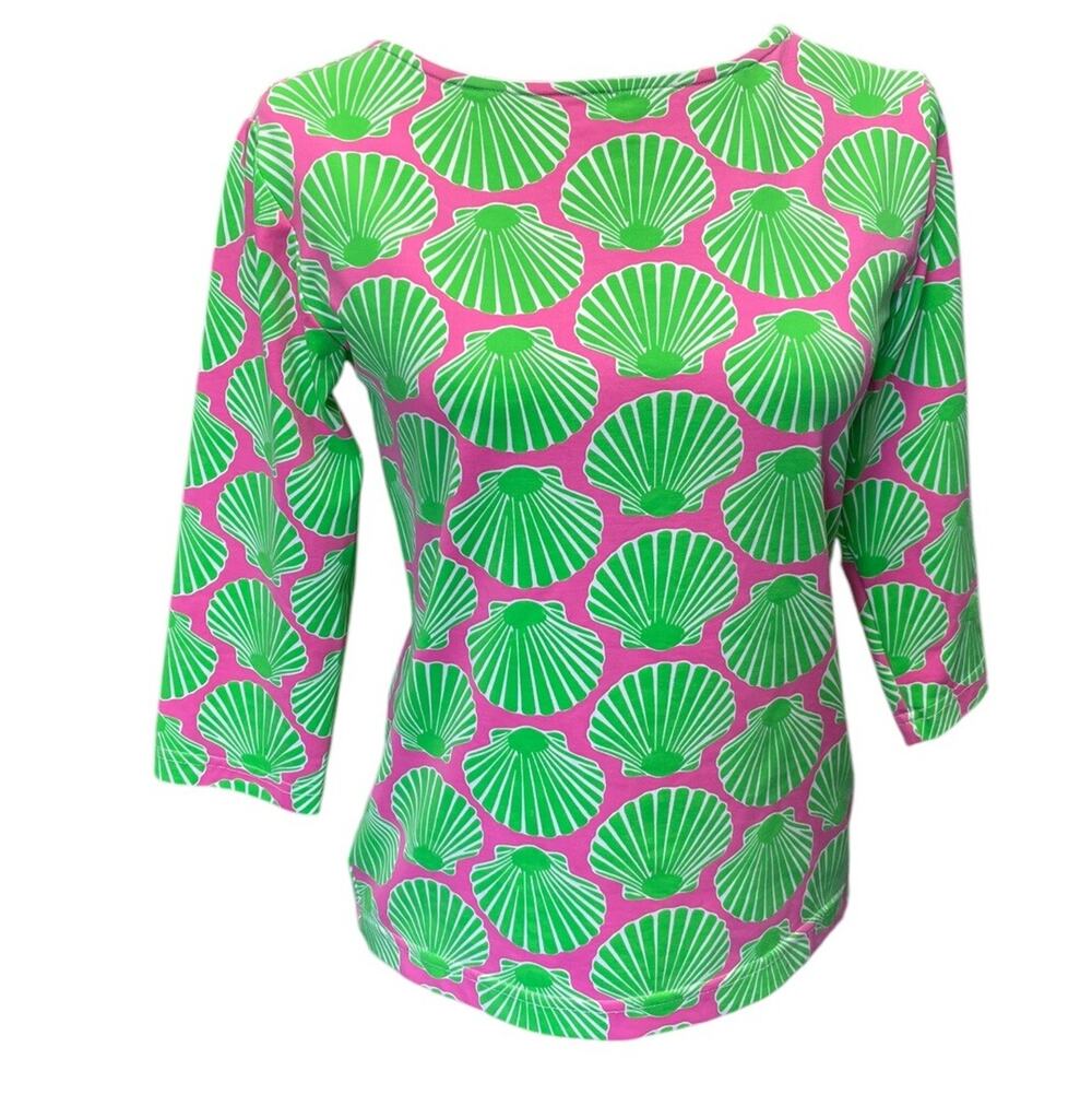 Sailor Sailor Green Pink Shell Top 3/4 Sleeve Coastal Beach Stretch Size Small